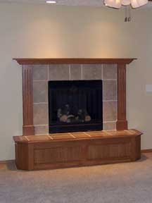 tile fireplace with custom wood hearth